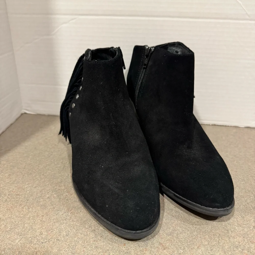 Vionic Faros Black Suede Fringe Western Studded Tassel Ankle Booties